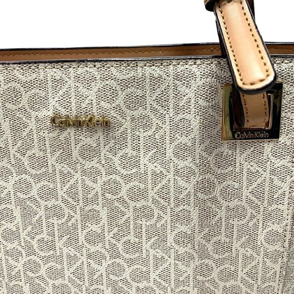 Calvin Klein Signature Satchel H8ABJ6UW Vegan Leather White/Tan Gold Hardware - Picture 5 of 13